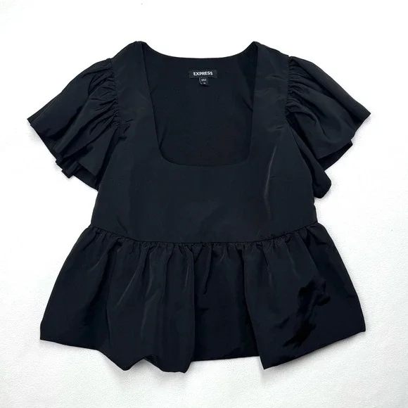 Express Black Square Neck Ruffle Sleeve Peplum Babydoll Top Women's XS Blouse - Picture 2 of 5